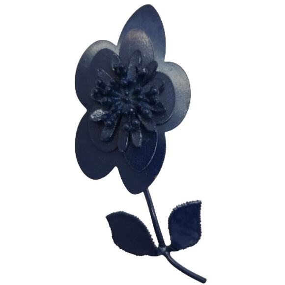 Navy Blue Flower Power Brooch Metal Enameled Stem Pin 3D Vintage 1960s - Picture 10 of 10
